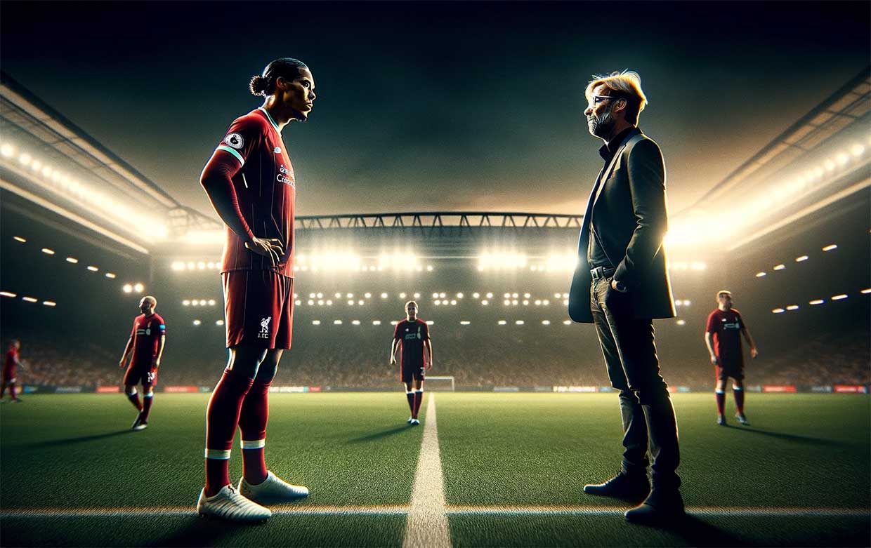 visuel de Van Dijk et Klopp face à face, dans un cadre de stade de football