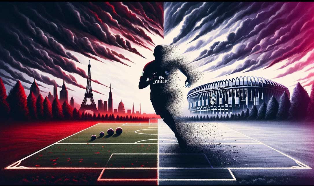 terrain de football stylisé sous un ciel dramatique, divisé en deux moitiés. Sur la moitié gauche, qui symbolise le Paris Saint-Germain, on voit l'ombre d'un joueur de football, représentant Mbappé, avec la Tour Eiffel en arrière-plan, le tout en noir et blanc. La moitié droite représente le Real Madrid, avec une figure ombrée similaire du joueur de football se déplaçant vers le stade Santiago Bernabéu