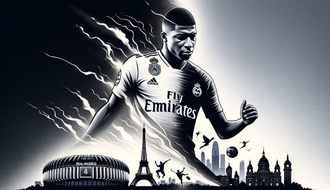 illustration de Mbappé portant un maillot qui fusionne les emblèmes du PSG et du Real Madrid, symbolisant son passage de l'un à l'autre. Le fond est divisé en deux : une moitié représente la ville de Paris avec des silhouettes emblématiques comme la Tour Eiffel, et l'autre moitié dépeint Madrid, avec des éléments comme le stade Santiago Bernabéu