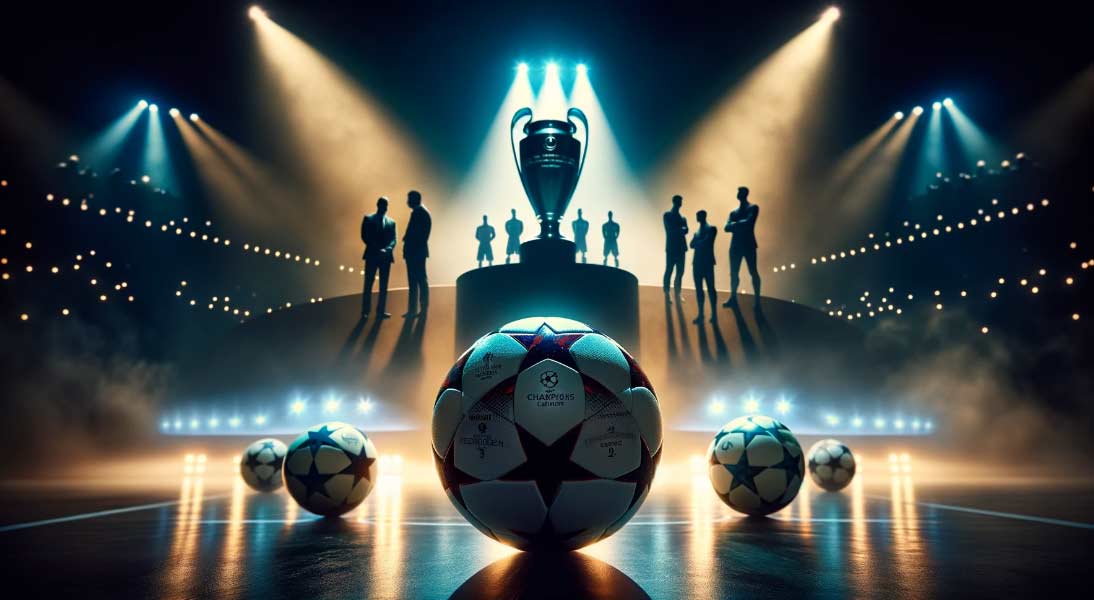 Au premier plan, des ballons de football officiels de la Ligue des Champions alignés méticuleusement sur une surface polie, reflétant la lumière ambiante. Au centre, un fond flou où l'on peut distinguer les silhouettes de joueurs emblématiques des clubs qualifiés pour les quarts de finale, comme une allusion aux géants européens du football mentionnés dans le texte, sans les identifier précisément. Ces silhouettes sont capturées dans un moment de préparation intense ou de célébration discrète, symbolisant la diversité et l'imprévisibilité de la compétition ainsi que les surprises du tableau des quarts. L'arrière-plan révèle un stade immense, plongé dans une pénombre dramatique, éclairé par quelques spots