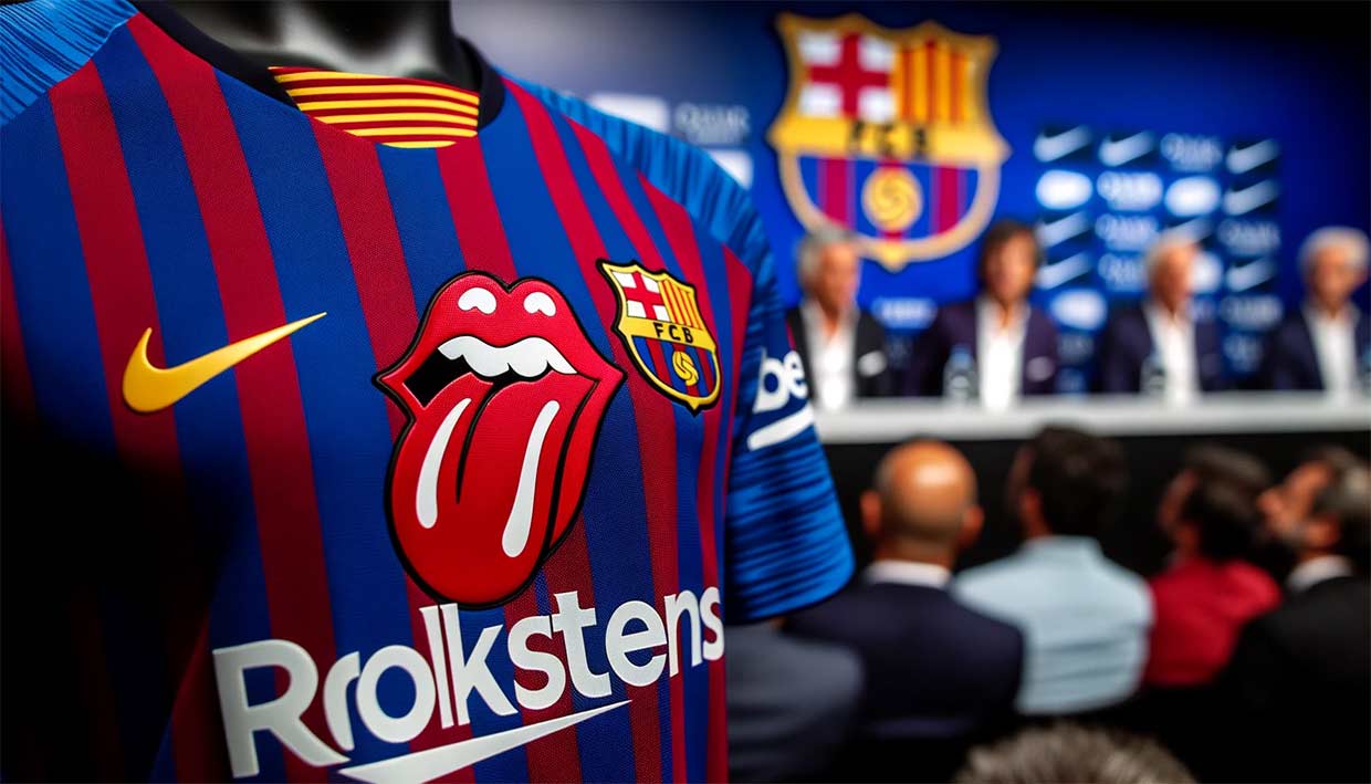 Photo d'un gros plan du nouveau maillot du FC Barcelone. Les riches couleurs bleu et rouge sont complétées par le logo des Rolling Stones sur les lèvres et la langue, placé à l'endroit où se trouve habituellement le sponsor du club. En arrière-plan, une vue floue d'une conférence de presse où sont assis des représentants du FC Barcelone et des membres du groupe Rolling Stones.