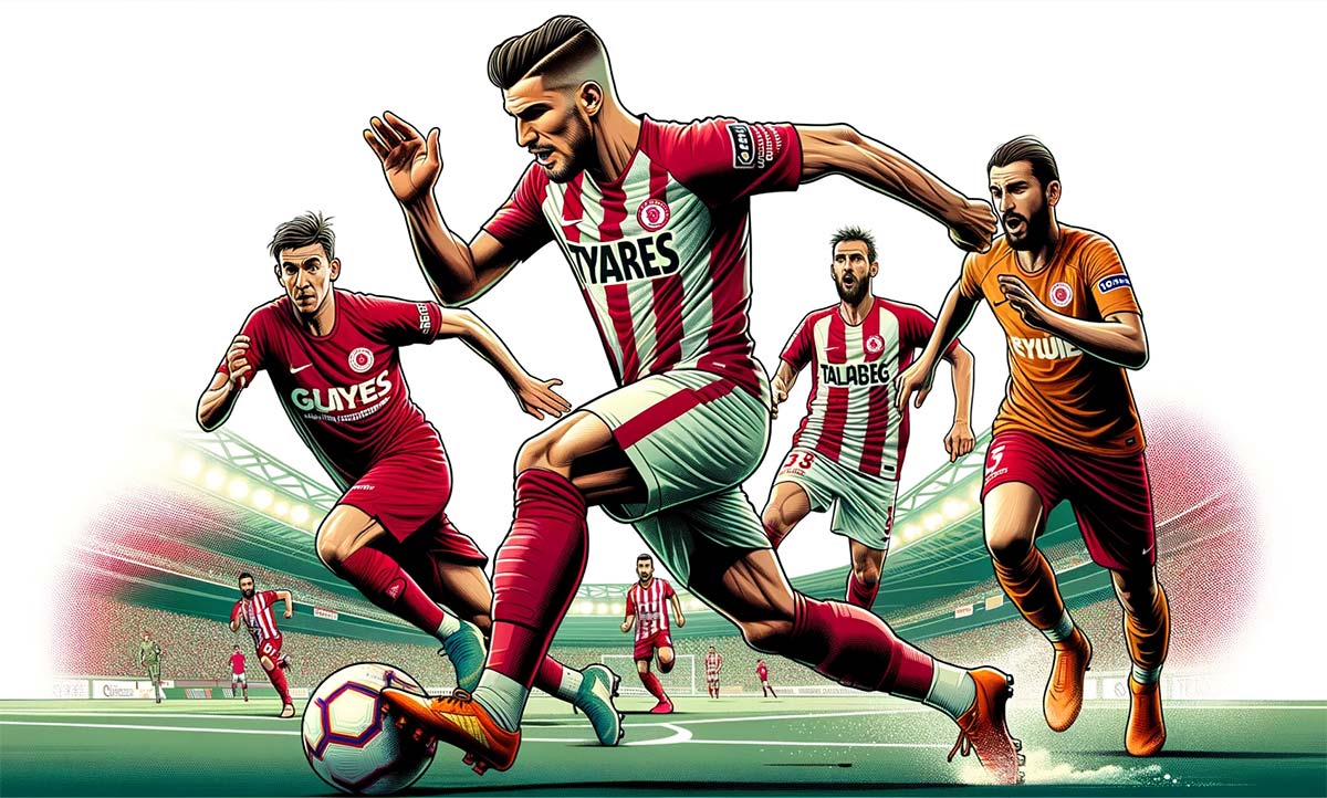 Illustration dynamique d'un match de la Super Lig, mettant en évidence les attaquants de Göztepe en pleine action. David Tijanic est représenté en train de dribbler un adversaire pendant qu'Atınç Nukan se prépare à bloquer un tir.