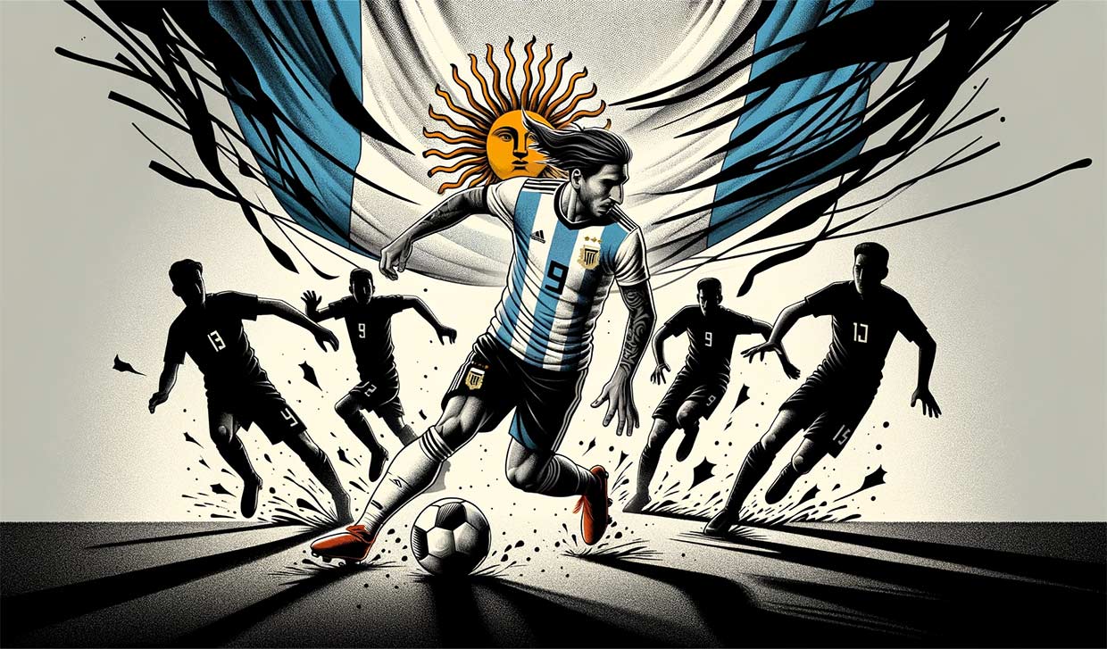 Illustration de Matias Soulé, en action, dribble le ballon avec une grande agilité. À ses côtés, des silhouettes de joueurs tentent de l'intercepter, mais il les dépasse avec aisance. L'arrière-plan est orné d'un grand drapeau argentin qui se déploie, contrastant avec de petites bannières italiennes.