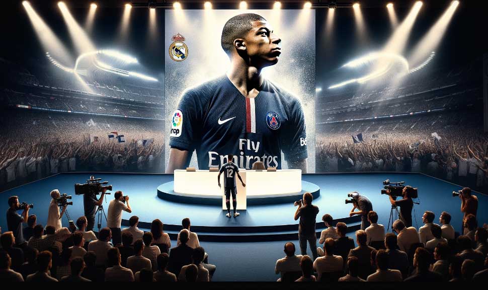 illustration d'une salle de conférence éclairée de manière dramatique, avec Mbappé debout au podium, un maillot du Real Madrid à la main, symbolisant son passage à la nouvelle équipe. Derrière lui, un grand écran affiche des images mêlant des moments clés de sa carrière au PSG et des rêves d'avenir avec le Real Madrid. La salle est remplie de journalistes et de photographes, capturant ce moment historique. 
