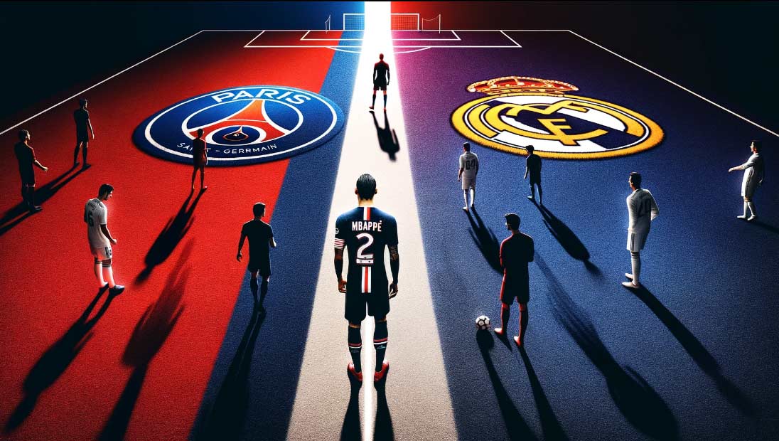 Un terrain de football vu de haut, en plein changement, où la moitié est décorée aux couleurs du Paris Saint-Germain (bleu et rouge) et l'autre moitié aux couleurs du Real Madrid (blanc). Au centre du terrain, une ligne de démarcation nette symbolise le passage de Kylian Mbappé du PSG au Real Madrid.