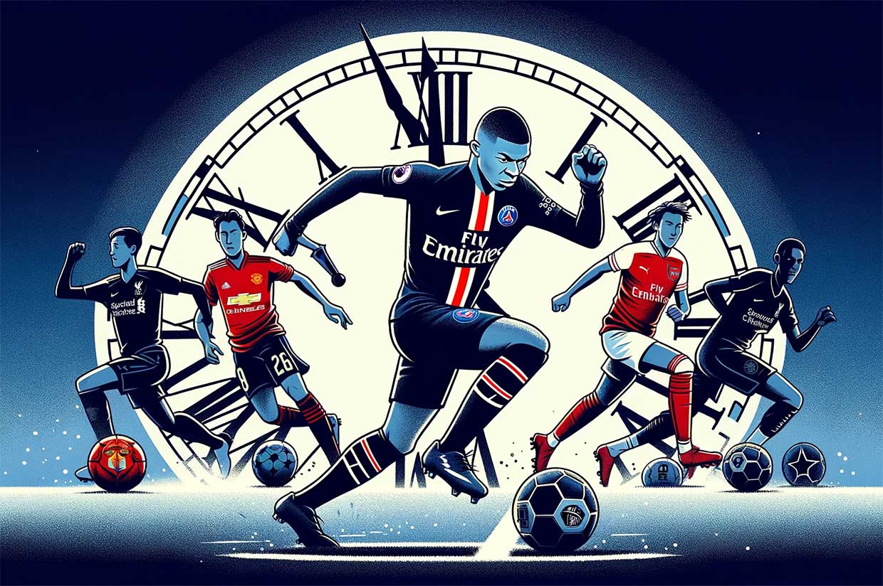 Mbappé portant le maillot du PSG, en action sur un terrain de football avec des maillots de Manchester United, Liverpool, Arsenal, et Chelsea en arrière-plan