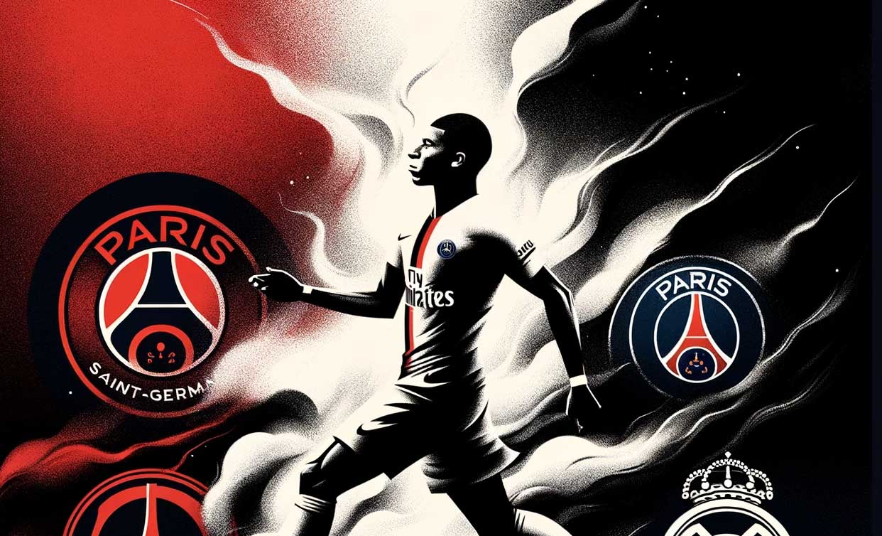 silhouette stylisée de Mbappé. Autour de lui, des éléments symbolisant le Real Madrid et le PSG