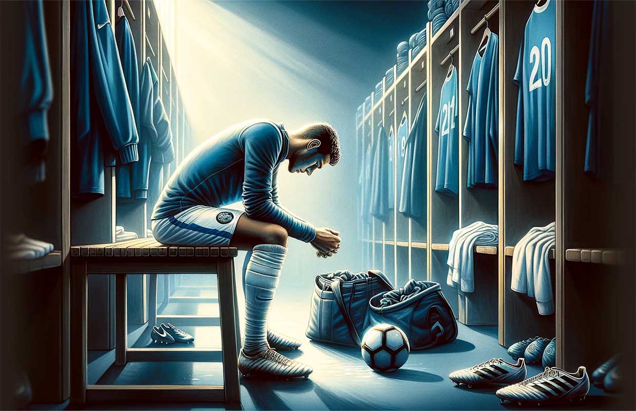 joueur de football se préparant mentalement dans les vestiaires avant un match important. Il est concentré, assis sur un banc, entouré de son équipement de sport, visualisant le match à venir.
