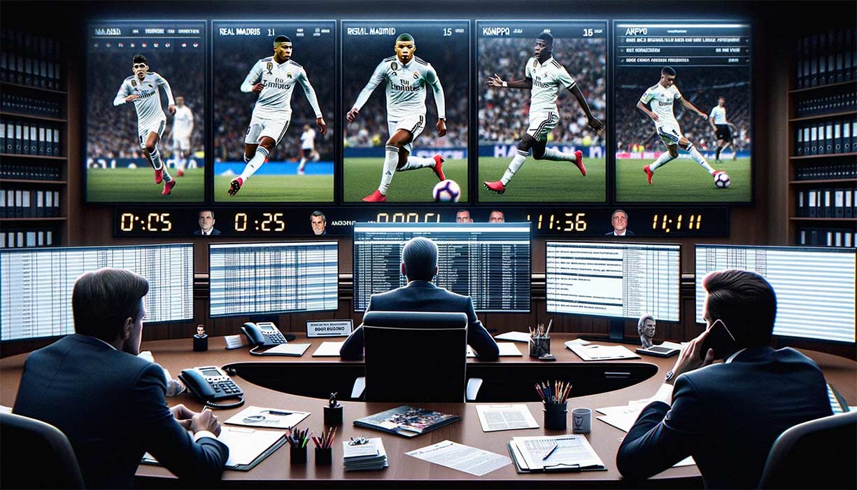 Photo réaliste du bureau du directeur sportif du Real Madrid avec des écrans montrant des joueurs en action. Des dossiers sont éparpillés sur le bureau avec des notes concernant les transferts et la succession d'Ancelotti.