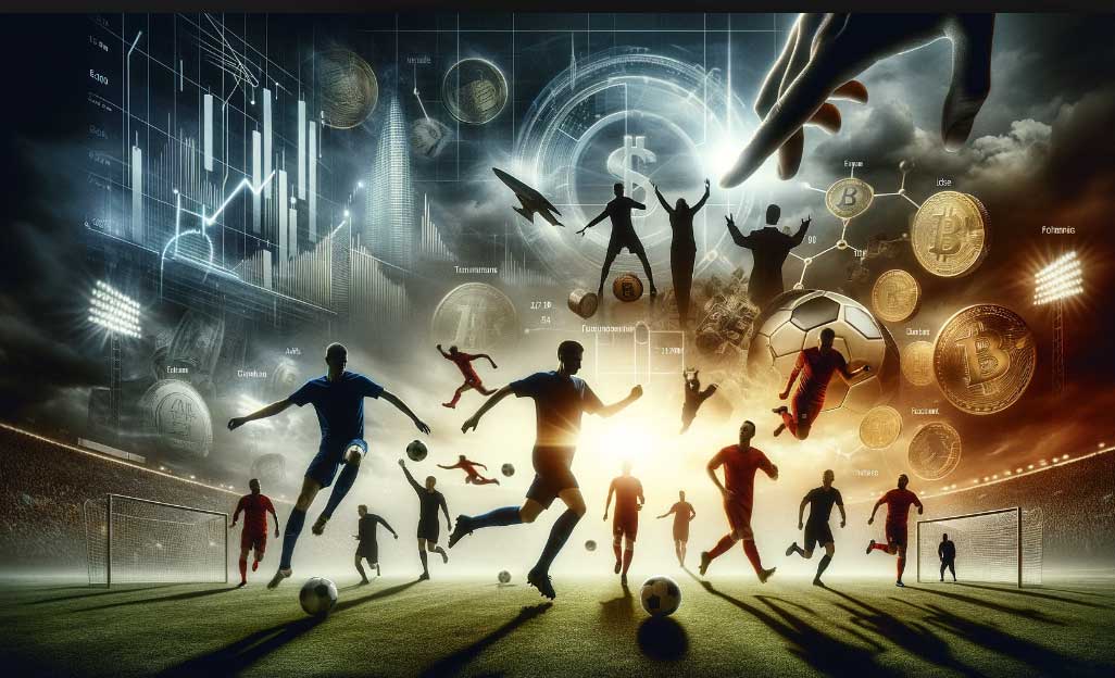 scène capturant l'essence de cette nouvelle ère dans le football, avec des silhouettes de joueurs masculins et féminins en action, des représentations de transactions financières innovantes et un éclairage qui met en valeur la profondeur et le dynamisme du marché