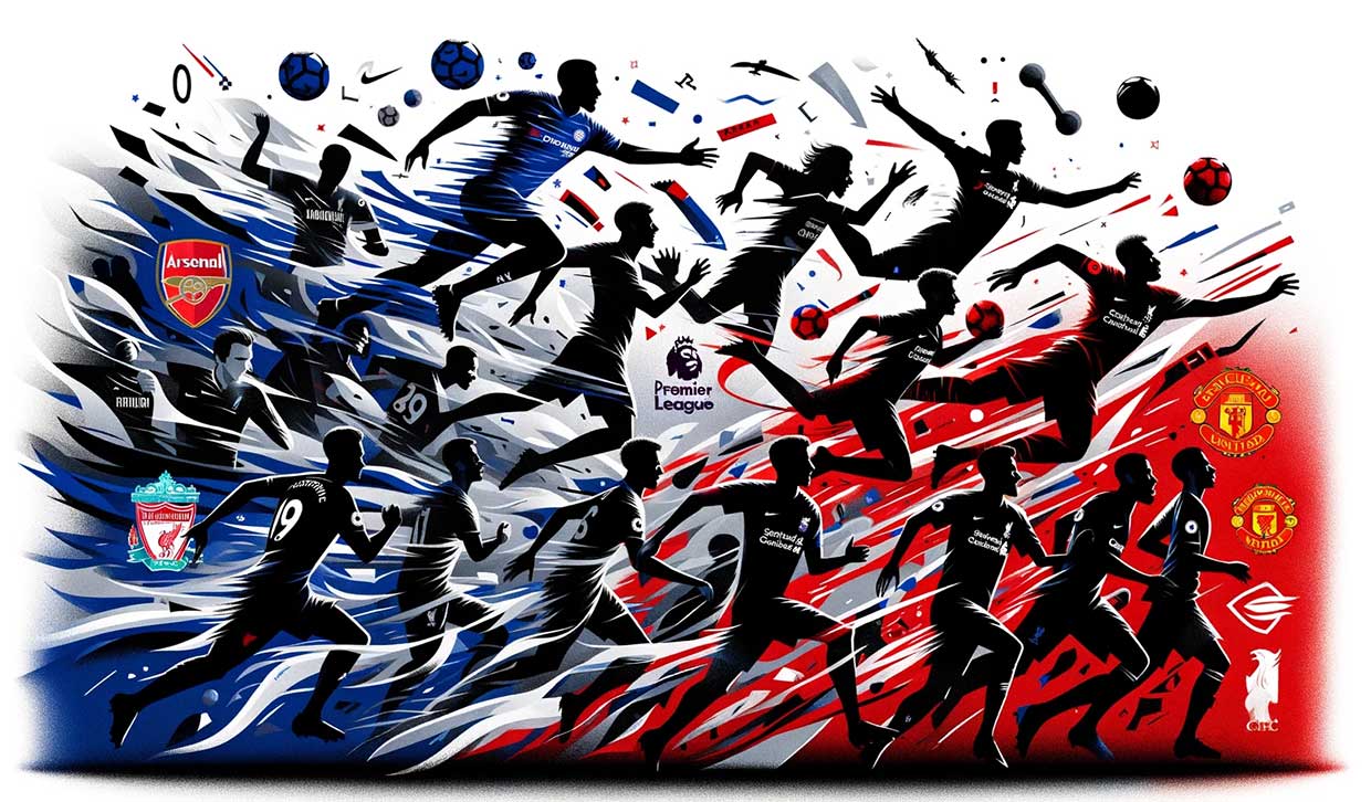 silhouettes de joueurs de football en mouvement, des logos de clubs de la Premier League et des références aux clubs mentionnés comme Arsenal, Liverpool, Manchester United, et Chelsea.