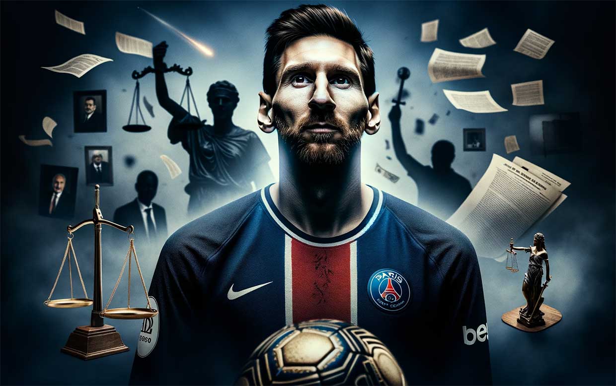 Lionel Messi, vêtu du maillot du PSG, tenant un Ballon d'Or, avec une expression sérieuse et pensante. L'arrière-plan présente des symboles de justice comme une balance, et des éléments suggérant une enquête, tels que des documents éparpillés