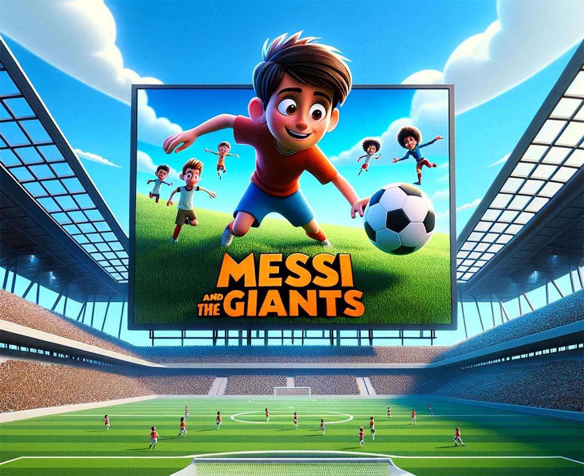 Illustration d'un terrain de football avec un grand écran en arrière-plan. Sur l'écran, on voit une représentation animée d'un Messi enfant jouant au football, avec le titre "Messi et les géants" bien en évidence.