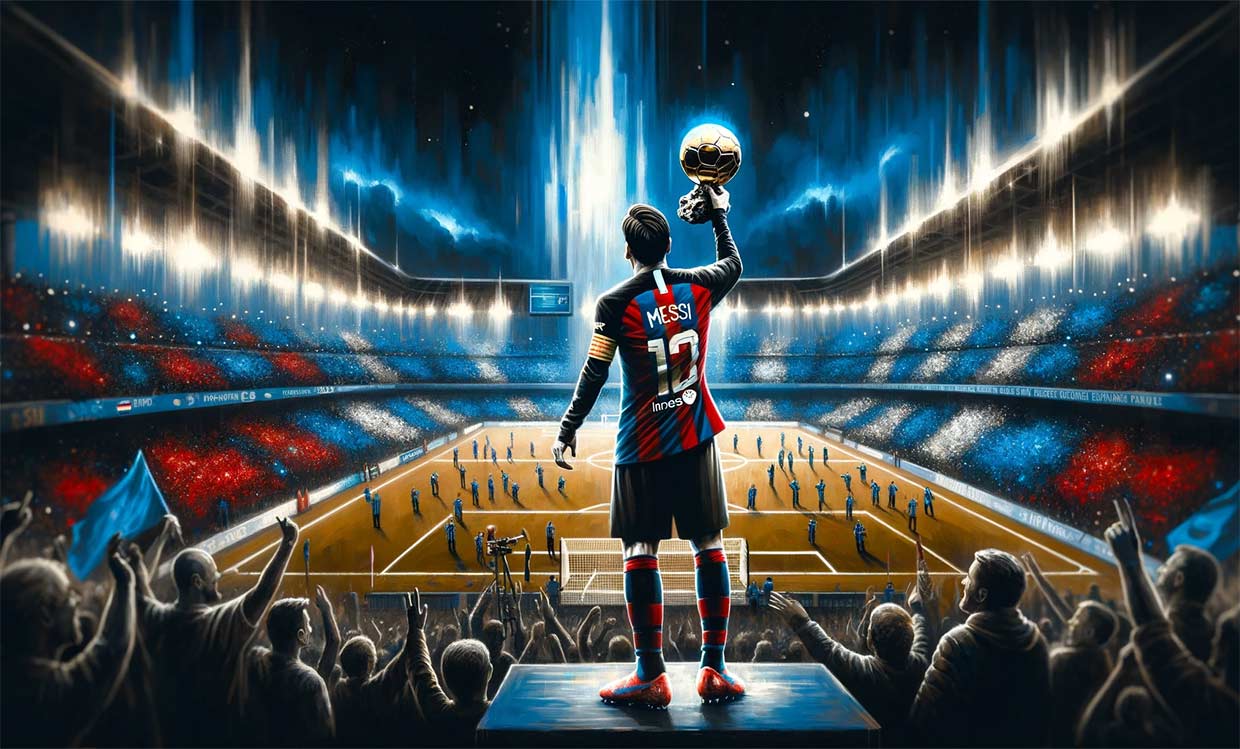 Peinture dynamique et réaliste représentant un match de football au stade DRV PNK avec Lionel Messi tenant le trophée du Ballon d'Or. Le stade est rempli d'excitation, de lumières et de supporters qui applaudissent.