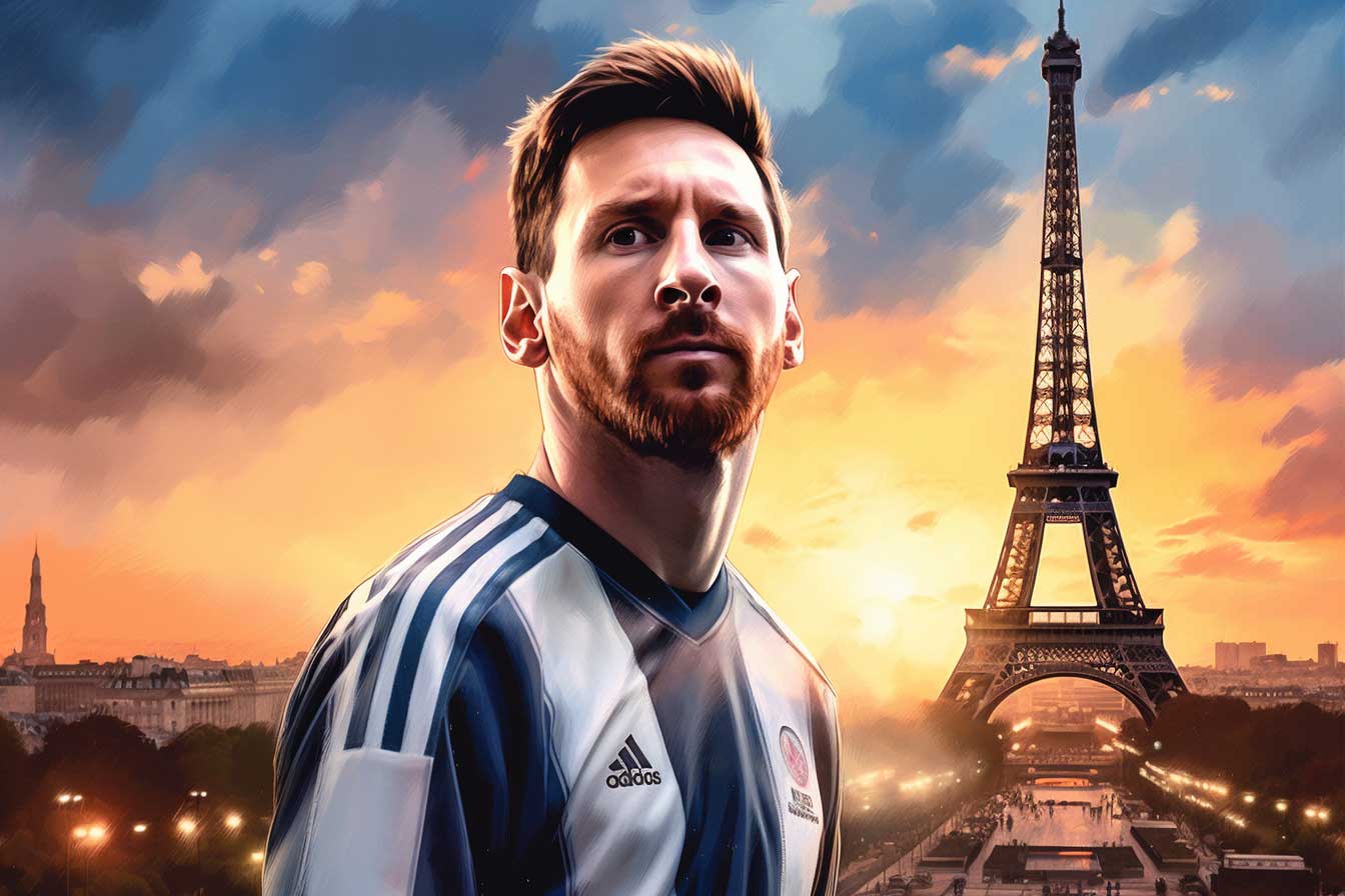 Lionel Messi à Paris avec la tour Eiffel en arrière-plan