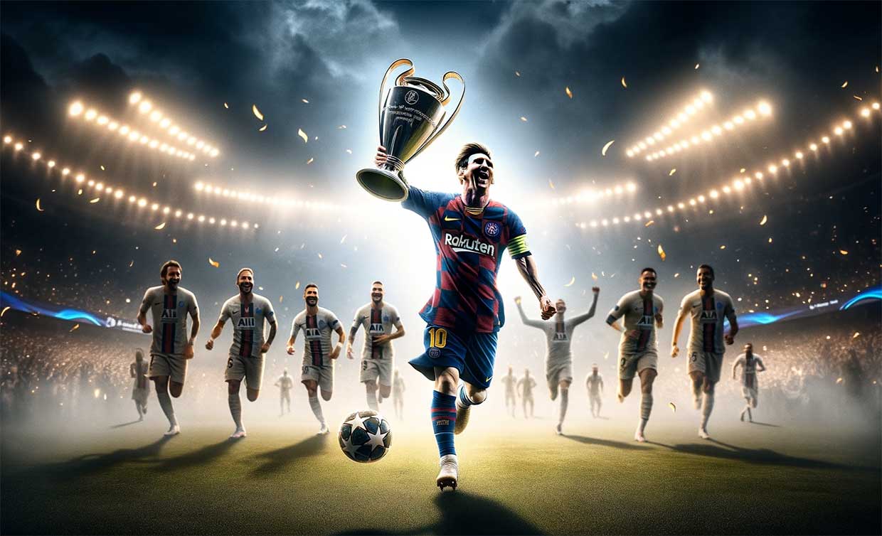 Image fictive de Lionel Messi brandissant le trophé the Best 2023 sur un terrain de foot