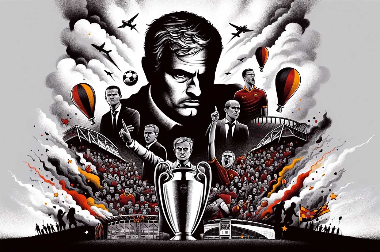 illustration avec au premier plan Mourinho, exprimant une légère déception, entouré de trophées et de ballons de football, évoquant les hauts et les bas de son passage au club
