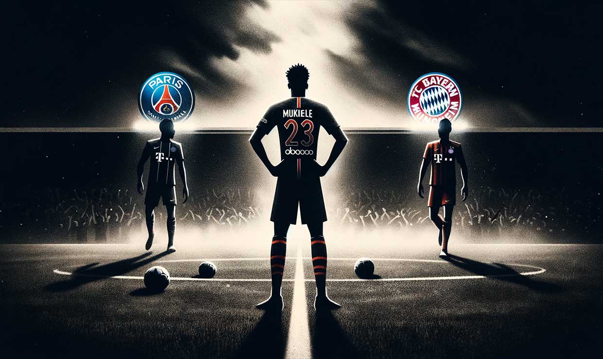 Illustration avec Mukiele, au centre. Il se tient entre deux maillots de football géants, l'un du PSG et l'autre du Bayern Munich, symbolisant le choix entre les deux clubs