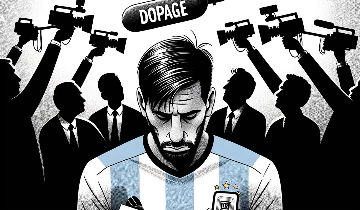 Illustration style bande dessinée montrant un footballeur argentin regardant tristement une fiole marquée 'dopage'. Des ombres de journalistes et de caméras se profilent en arrière-plan.