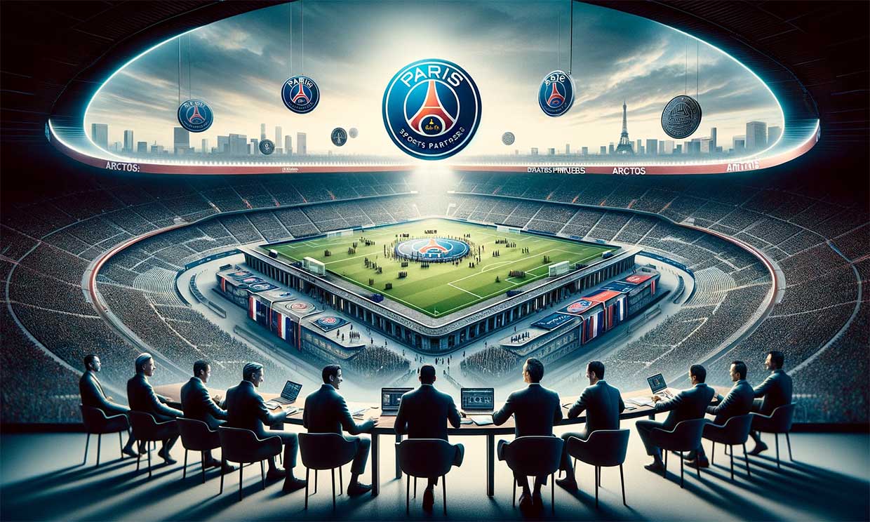 visuel du Parc des Princes, le stade emblématique du PSG, avec des signes visuels de la collaboration avec Arctos Sports Partners