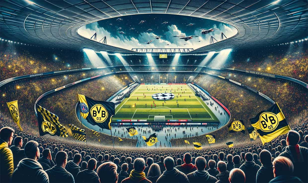 Illustration réaliste du stade Signal Iduna Park, vibrant avec l'excitation du match imminent entre le PSG et Dortmund en Ligue des Champions. La scène montre une vue aérienne du stade rempli de spectateurs en attente, avec des drapeaux du PSG et de Dortmund agités dans la foule