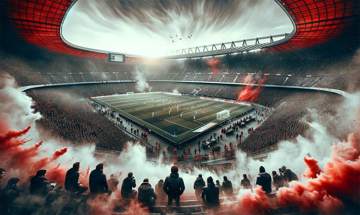 Illustration photo réaliste d'une scène au stade Parc des Princes. Au premier plan, la tribune Auteuil remplie de supporters en effervescence, avec des fumigènes rouges. Au second plan, un match de football intense entre le PSG et l'AC Milan.