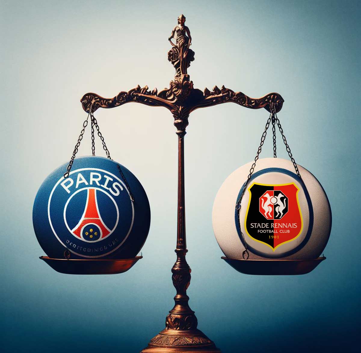 Une balance avec 2 ballons avec les logos du psg à gauche et du stade rennais à droite