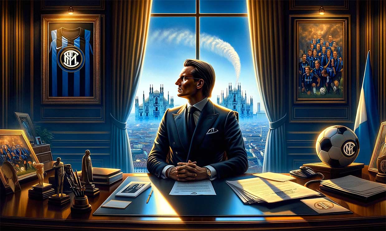 Thomas Zilliacus, un homme d'affaires finlandais, dans un style de peinture à l'huile dynamique et réaliste, assis dans un bureau opulent avec une grande fenêtre donnant sur la ligne d'horizon de Milan. La scène évoque un moment de profonde contemplation alors qu'il regarde par la fenêtre, un document portant le logo de l'Inter Milan étant visible sur son bureau. Le bureau est orné de souvenirs de football et l'ambiance est à l'ambition et à la détermination.
