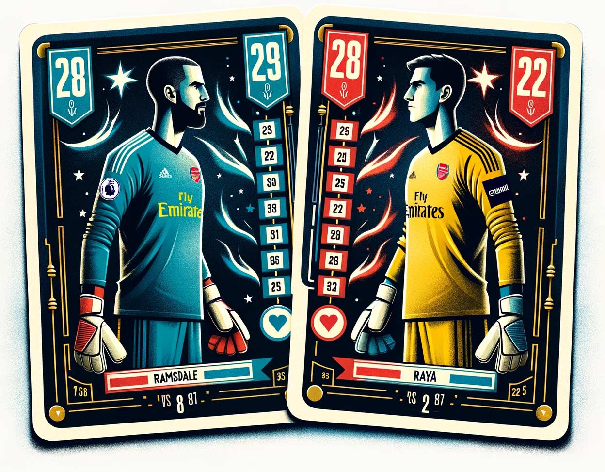 Illustration des deux gardiens de but d'Arsenal, Ramsdale et Raya, sous forme de cartes de jeu face à face. Chaque carte montre les statistiques du joueur et des éclairs d'énergie s'échappent de leur confrontation, symbolisant la rivalité et la compétition pour la place de numéro un.
