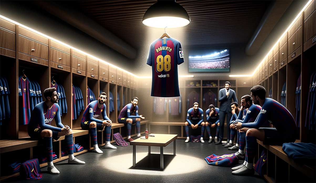 Photo réaliste du maillot de Sergi Roberto accroché dans le vestiaire du FC Barcelone avec un projecteur braqué sur lui. À proximité, des joueurs discutent de stratégies, l'air inquiet. Sur un écran en arrière-plan, on annonce le prochain match contre l'Athletic Bilbao.
