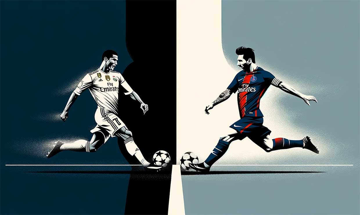 La scène représente deux côtés distincts d'un terrain de football, séparés par une ligne. D'un côté, Ronaldo, en tenue d'Al-Nassr, exécutant un tir puissant. De l'autre côté, Messi, en tenue du PSG, faisant une passe magistrale.