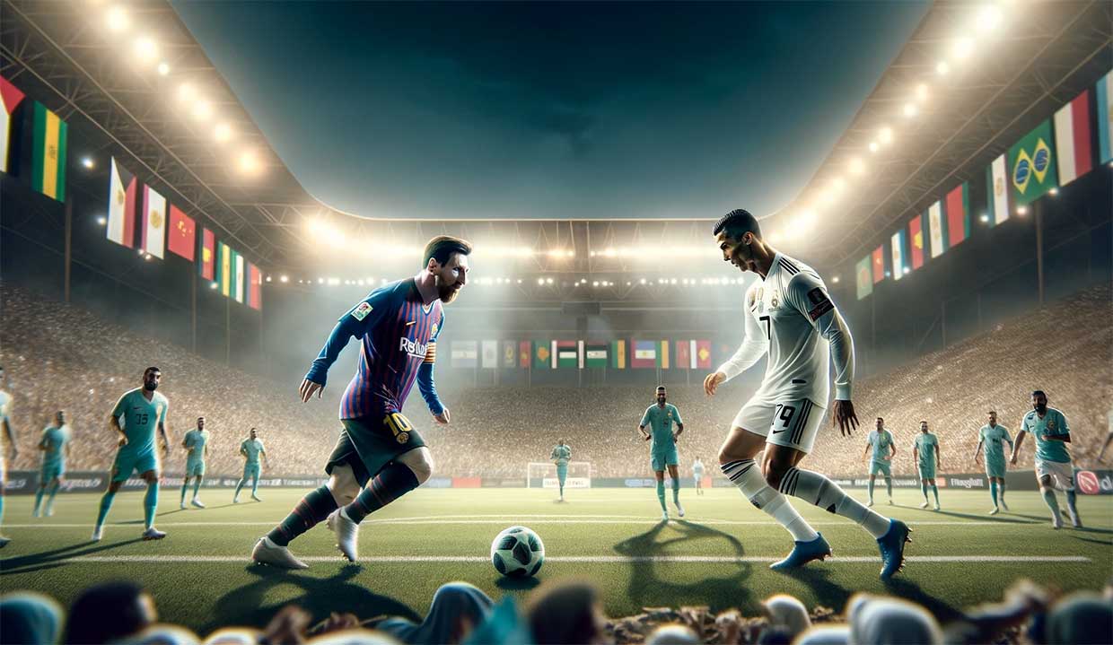 Illustration d'un duel sur un terrain de foot de Lionel Messi et Cristiano Ronaldo dans un stade bondé