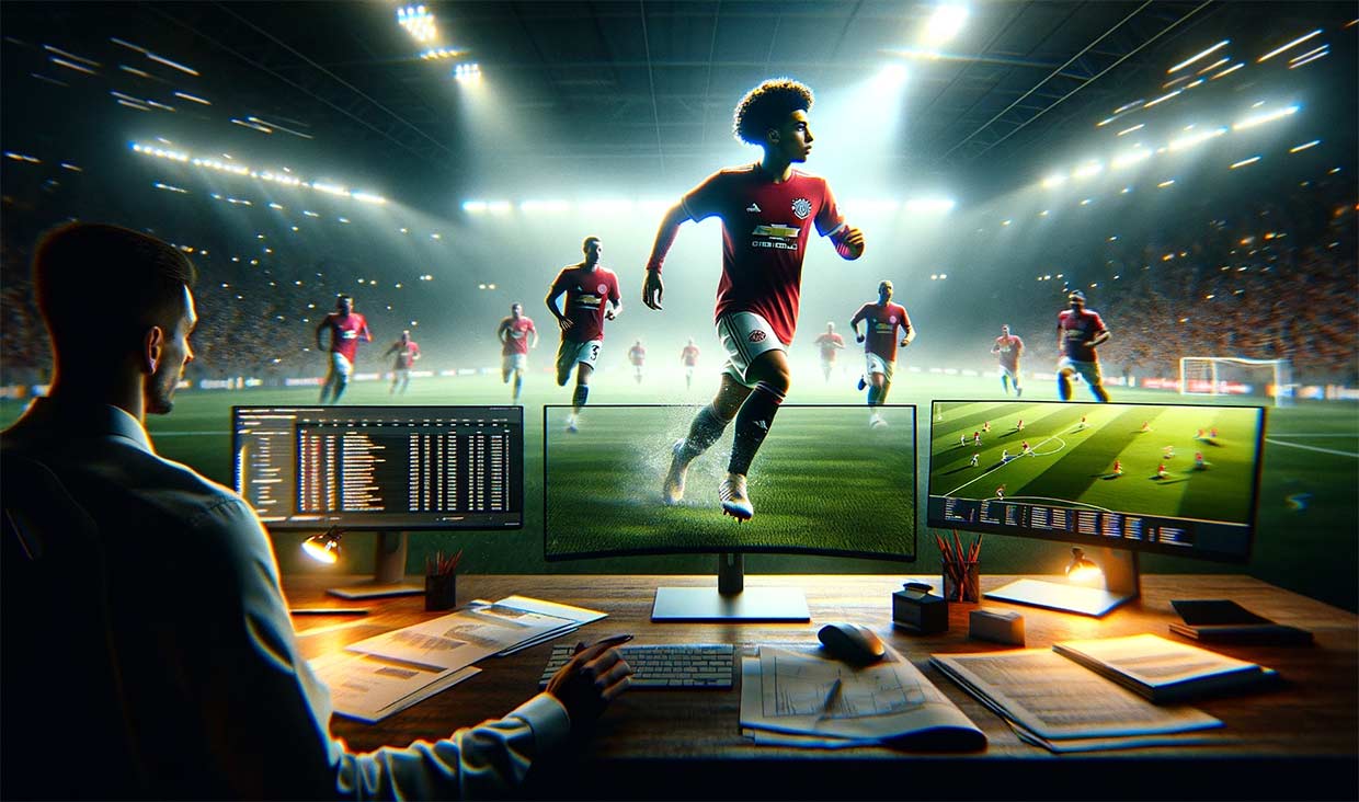 terrain de football en arrière-plan, avec des joueurs en action flous, symbolisant la Bundesliga et la Ligue des Champions. Au premier plan, un bureau moderne avec des documents et un ordinateur affichant le profil de Sancho et son salaire, reflétant le défi financier de son acquisition