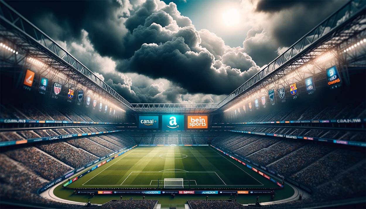 Image photo réaliste d'un stade de football vide sous un ciel nuageux. En arrière-plan, on peut voir des écrans géants affichant les logos de Canal+, Amazon et BeIN Sports, suggérant une compétition pour les droits de diffusion.