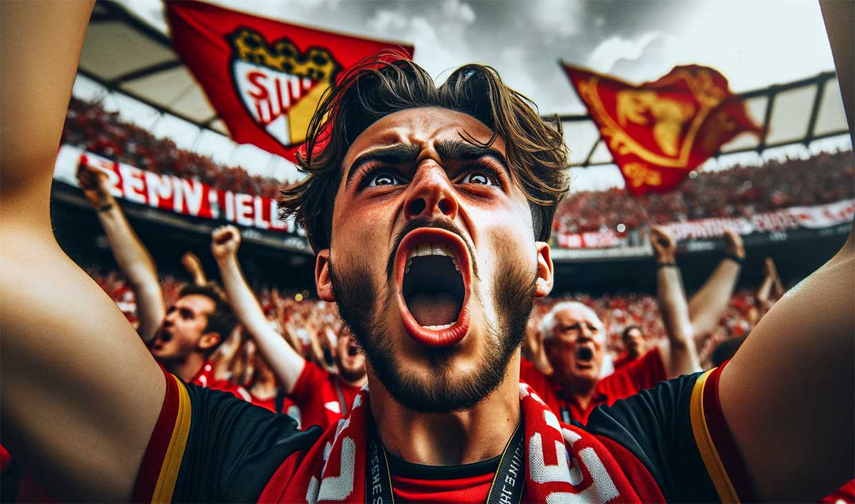 L'image capture l'excitation et la passion d'un supporter de Séville, illustrant parfaitement le revirement de situation pour le match Lens-Séville