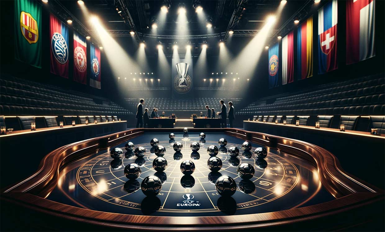 visuel symbolisant le tirage au sort de la ligue Europa avec une table ronde sombre et élégante, éclairée par une lumière douce, avec des boules de tirage au sort disposées dessus. En arrière-plan, des drapeaux et des bannières de clubs de football européens flottent, créant une atmosphère de suspense et d'anticipation.