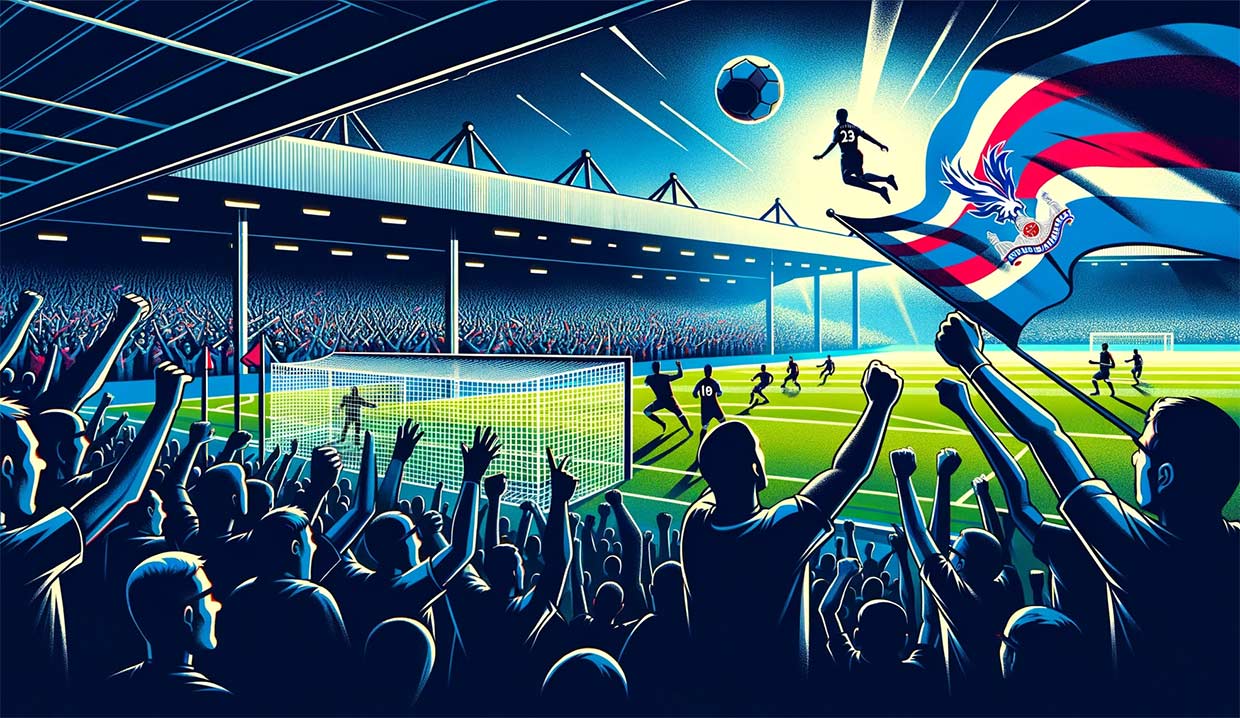 Illustration vibrante du stade de football où Tottenham affronte Crystal Palace. Une vue aérienne montre le ballon dans le filet après le tir de Son Heung-min. Les supporters de Tottenham exultent dans les tribunes, agitant des drapeaux et des écharpes