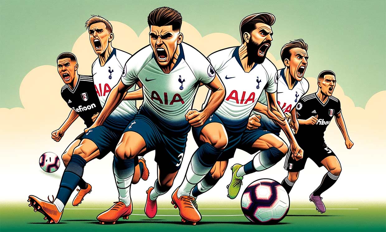 Illustration colorée représentant les joueurs de Tottenham en action, démontrant leur supériorité sur le terrain, avec des expressions déterminées. En arrière-plan, les joueurs de Fulham paraissent moins confiants et un peu dépassés.
