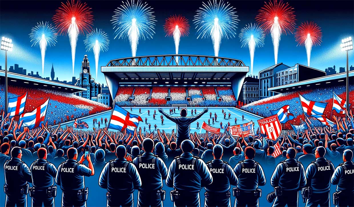 Dessin du stade d'Anfield. Des feux d'artifice bleu, blanc et rouge éclatent dans le ciel. Au sol, une foule massive de supporters du Toulouse FC célèbre avec passion, tandis que des officiers de police anglais applaudissent leur comportement exemplaire.