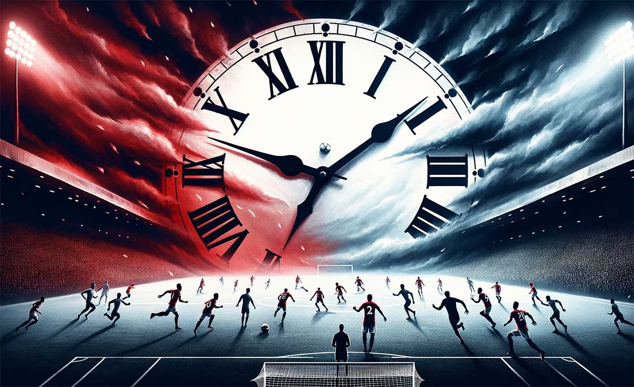 terrain de football, avec une grande horloge faisant tic-tac, symbolisant la pression du temps. Des silhouettes de joueurs de football, non reconnaissables, se tiennent anxieusement sur le terrain, regardant l'horloge