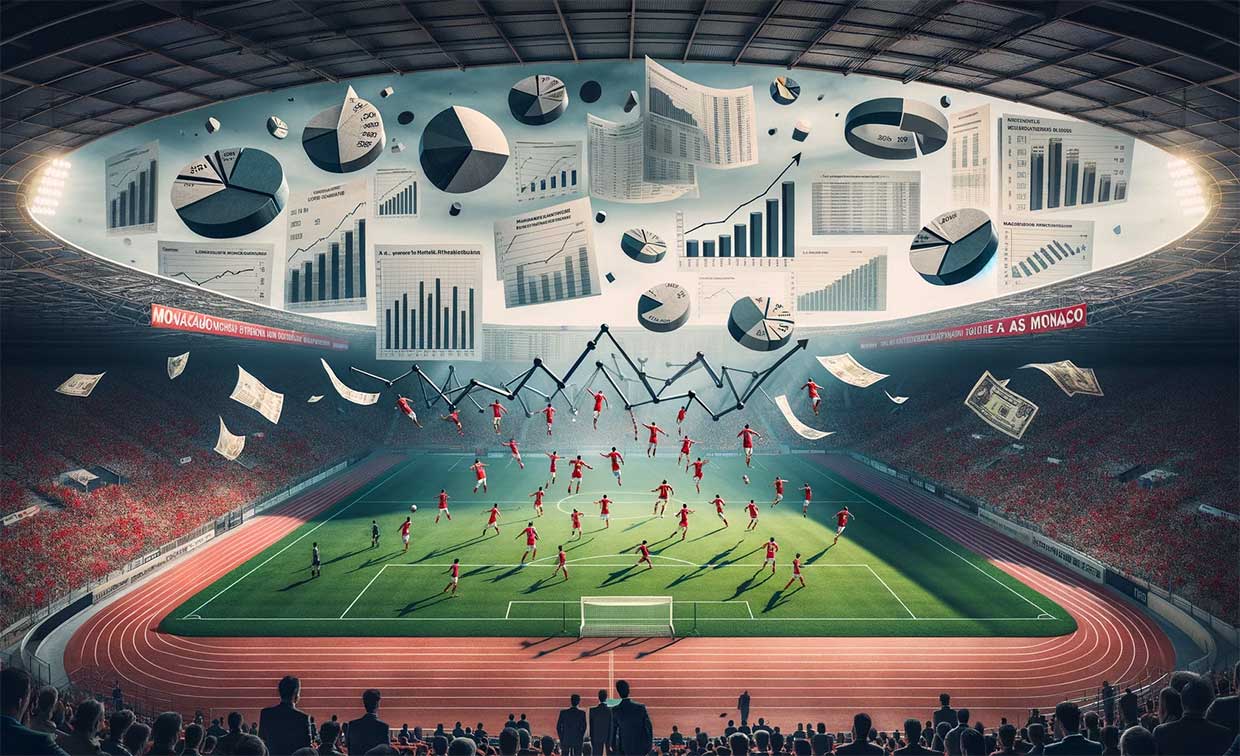 image symbolisant la valeur financière de l'AS Monaco avec un stade de foot, des graphiques et diagrammes financiers flottant dans l'air pour représenter la complexité de la valorisation du club, et un groupe de joueurs de football