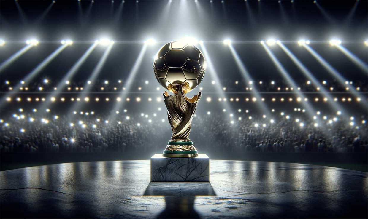 Photo d'un trophée du Ballon d'Or sur un socle en marbre, illuminé par un projecteur puissant. En arrière-plan, on voit les lumières d'un stade de football avec des silhouettes de supporters en délire.