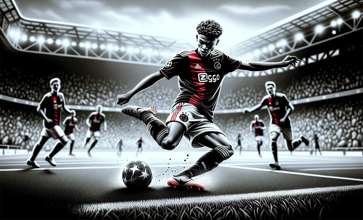 illustration dynamique et réaliste. La scène fictive représente le jeune footballeur de 17 ans, Jorrel Hato, en action lors d'un match de football crucial. Il porte l'uniforme de l'Ajax Amsterdam.