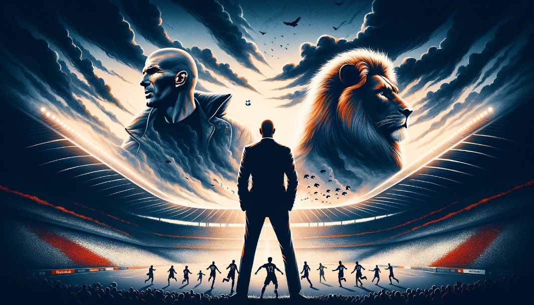 image symbolisant les discussions entre le Bayern et Zidane, Au centre, deux silhouettes se font face, séparées par une fine ligne : une représentant Zinedine Zidane, identifiable par sa posture et son aura de leader, et l'autre symbolisant le Bayern Munich, incarnée par un lion majestueux, emblème du club, tous deux regardant vers l'horizon